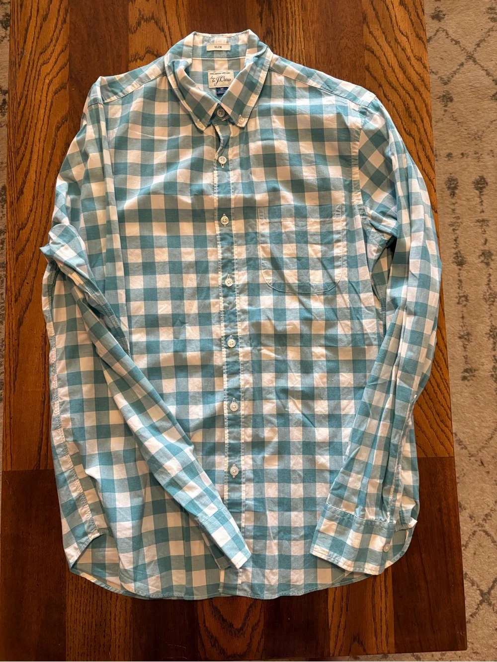 J. Crew Men's Teal and White Gingham Button-Down Shirt